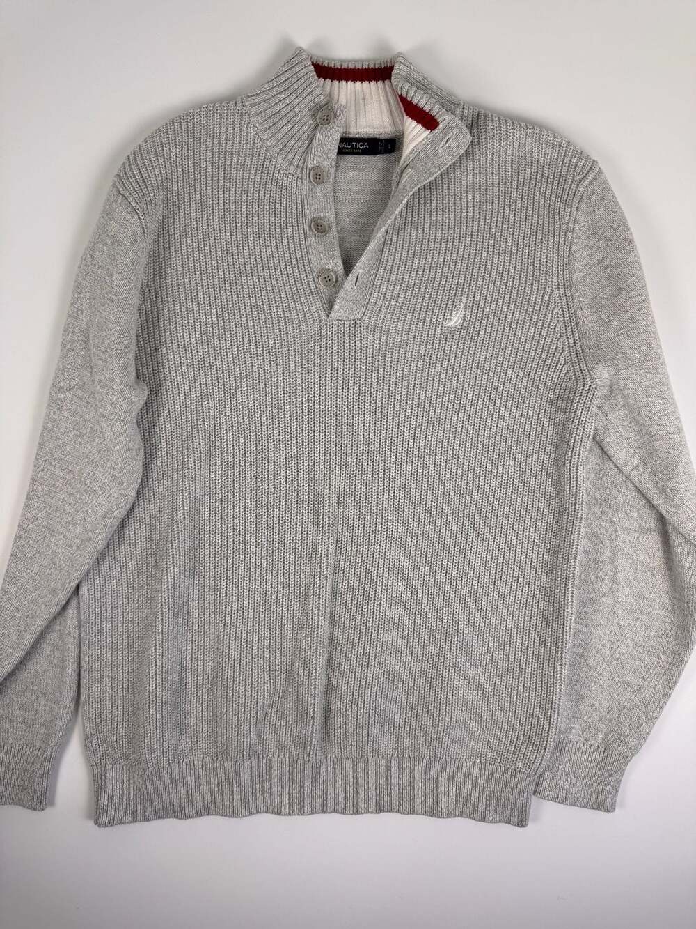 Nautica Men's Size L Gray Cotton Button Mock Neck Sweater